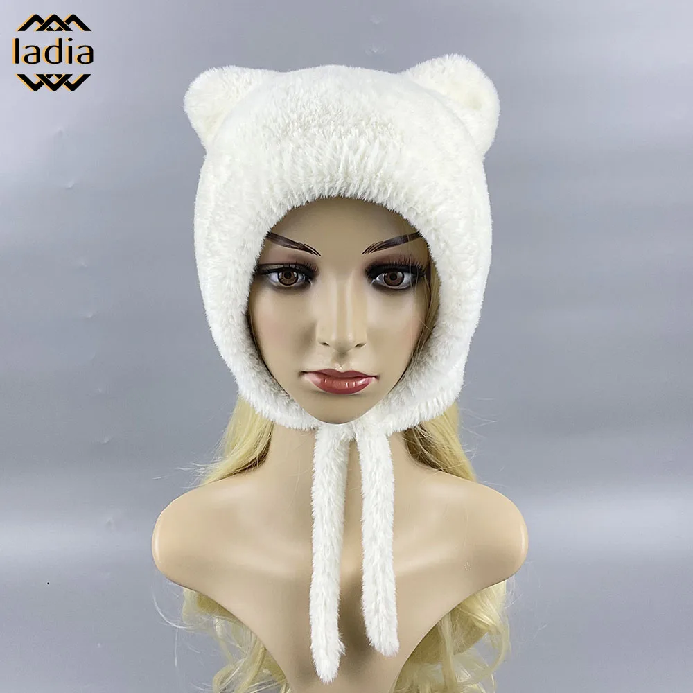 2024 New Winter Warm Earmuffs Cute Little Bear Short Tail Pilot Hat Faux Rabbit Fur Thickened Fluffy With Ear Flap For Women Cap