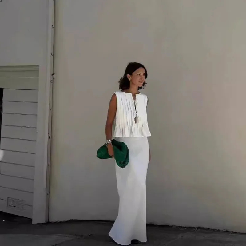 2024 Summer Solid Casual Vacation 2 Piece Set Women Sleeveless Hollow Out Lace Up Tops High Waist Long Skirt Streetwear Outfits
