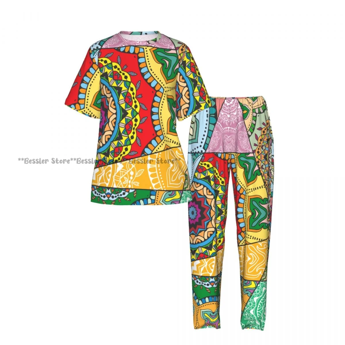 Vintage Indian Arabic Turkish Mosaic Print Pajamas Set Short-sleeved Women Home Clothing view 2