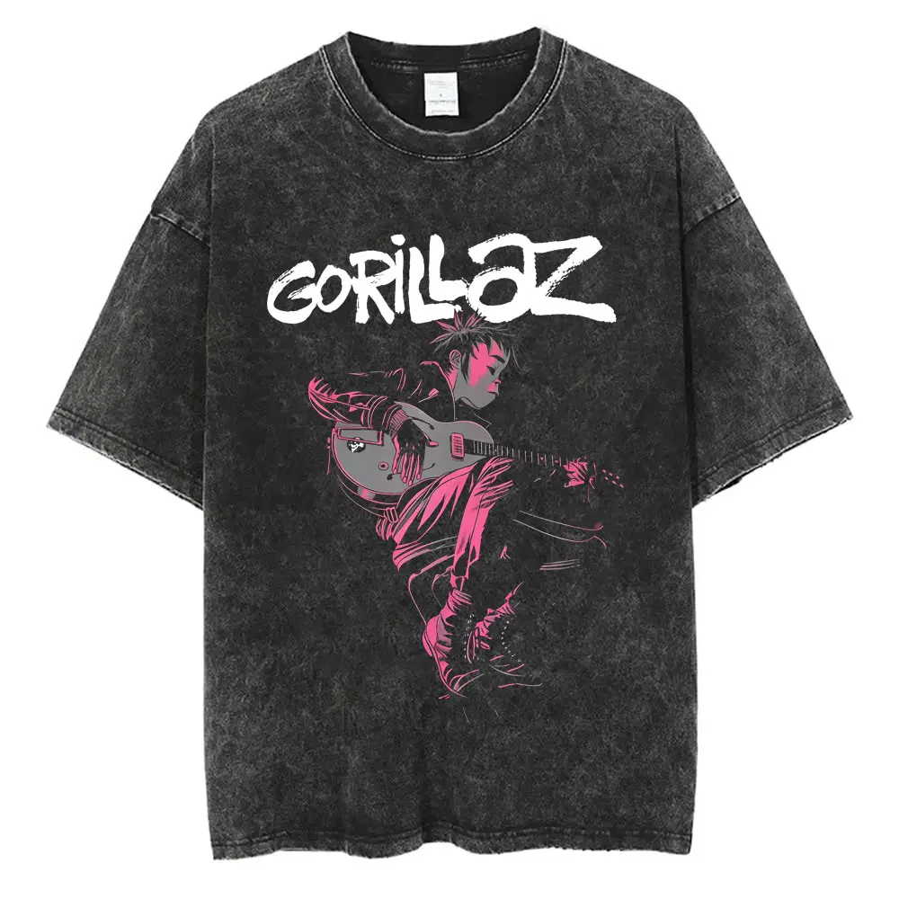เสื้อยืดลายกราฟิกวงร็อค Gorillaz สไตล์วินเทจ ล้างสีแล้ว สำหรับผู้ชายและผู้หญิง ฮิปฮอป กอธิค พังก์ ทรงโอเวอร์ไซส์ เสื้อยืดแฟชั่นผู้ชาย สตรีทแวร์สไตล์เรโทร