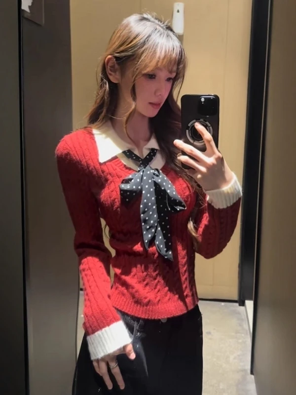 

Корейский вязаный свитер женский, приталенный, в стиле Cisas, с имитацией двухслойного дизайна, с красным воротником, пуловер, высококачественная мягкая ткань