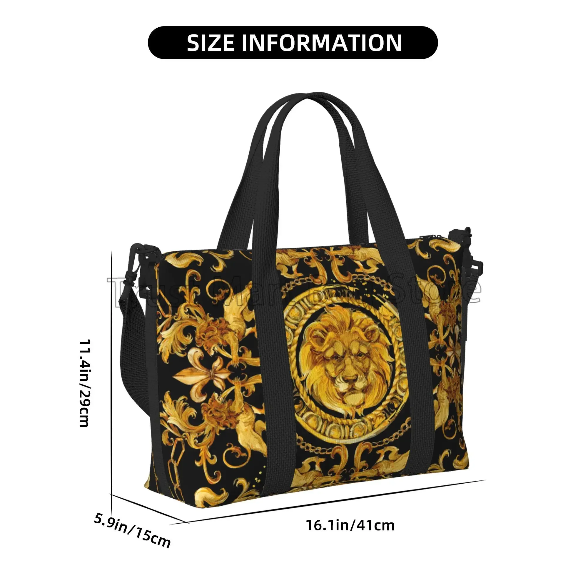 Golden Lion Baroque Pattern Travel Duffel Bag Personalized Weekender Bags with Shoulder Strap Unisex Sports Gym Overnight Bag