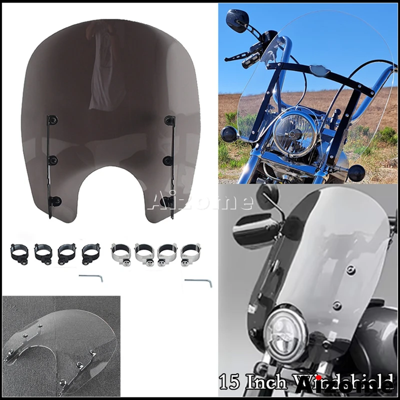 Motorcycle 15" Acrylic Windscreen Mount Hardware Wind Deflector For Harley Softail FXST FXLR Dyna Street Bob FXDB FXDL FXBB FXST