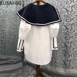 KUSAHIKI Korean Irregular Sailor Collar Puff Sleeve Blouses Women 2023 Autumn Fashion Causal Medium-long Womens Tops Mujer