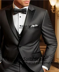 Luxuly Black Wedding Suits For Men Slim Fit Peak Lapel Groom Formal Tuxedos 3Pieces Sets Elegant Male Blazers trajes para hombre