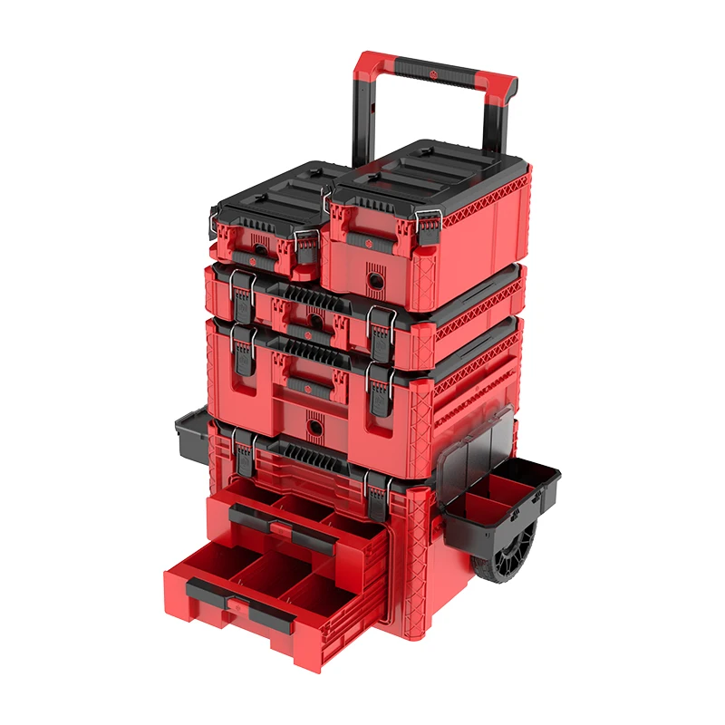 New Design Pull Rod Type Stackable Storage Toolbox with Wheeled Equipment Plastic Push-pull Toolbox Set