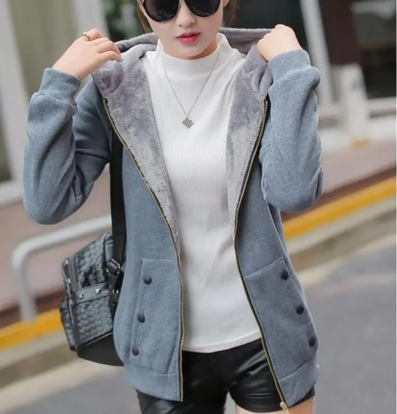 Women Hoodies Sweatshirt Female Casual Coat Large Size Ladies Velvet Thickening Hooded Zipper Jacket Female Youth Outerwear 2024