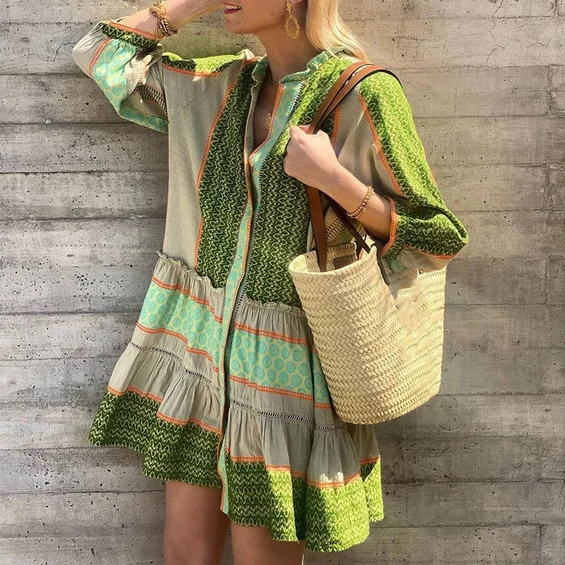 

Cotton Linen Women Shirt Dress Spring Sexy Deep V-neck Button Pleat A-Line Dress Autumn Casual 3/4 Sleeve Print Loose Mini Dress