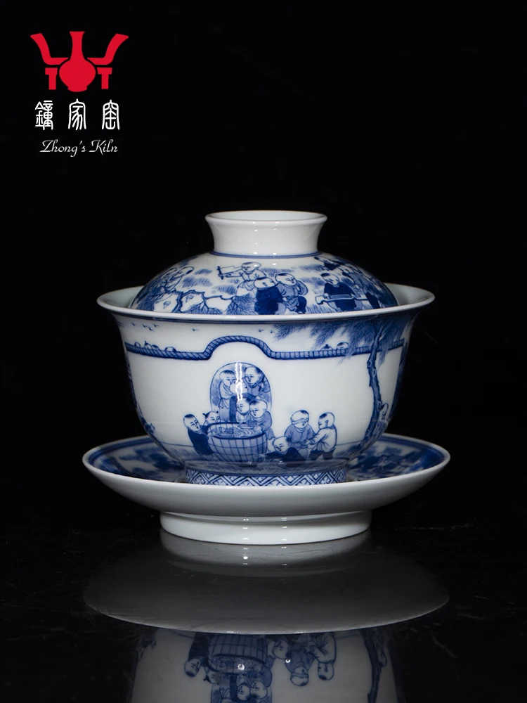 Zhongjia Kiln Lid Cup, Jingdezhen Blue And White Chai Kiln, Hand-painted Antique Baizi Picture, Bowl, Sancai Tea