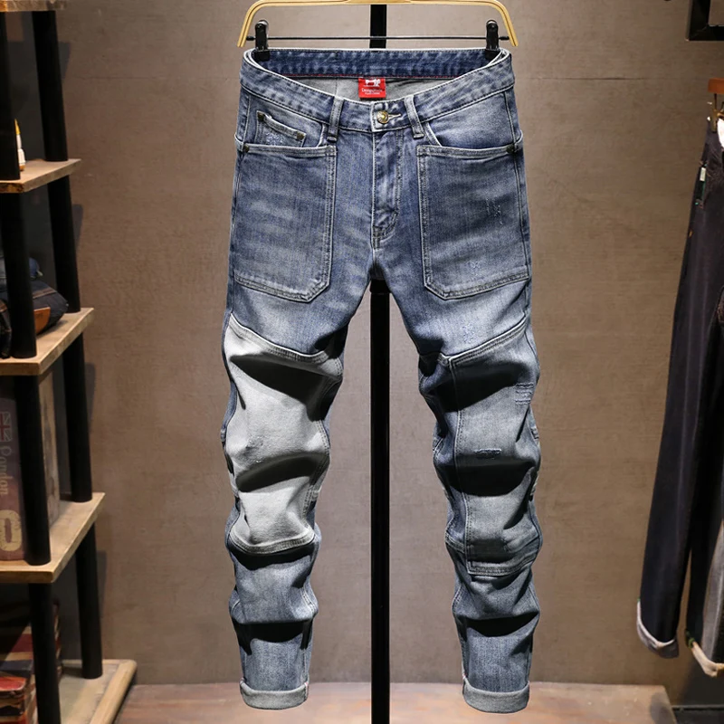 

High Street Fashion Men Jeans Retro Blue Stretch Slim Fit Ripped Jeans Men Multi Pockets Hip Hop Y2K Denim Cargo Pants Hombre