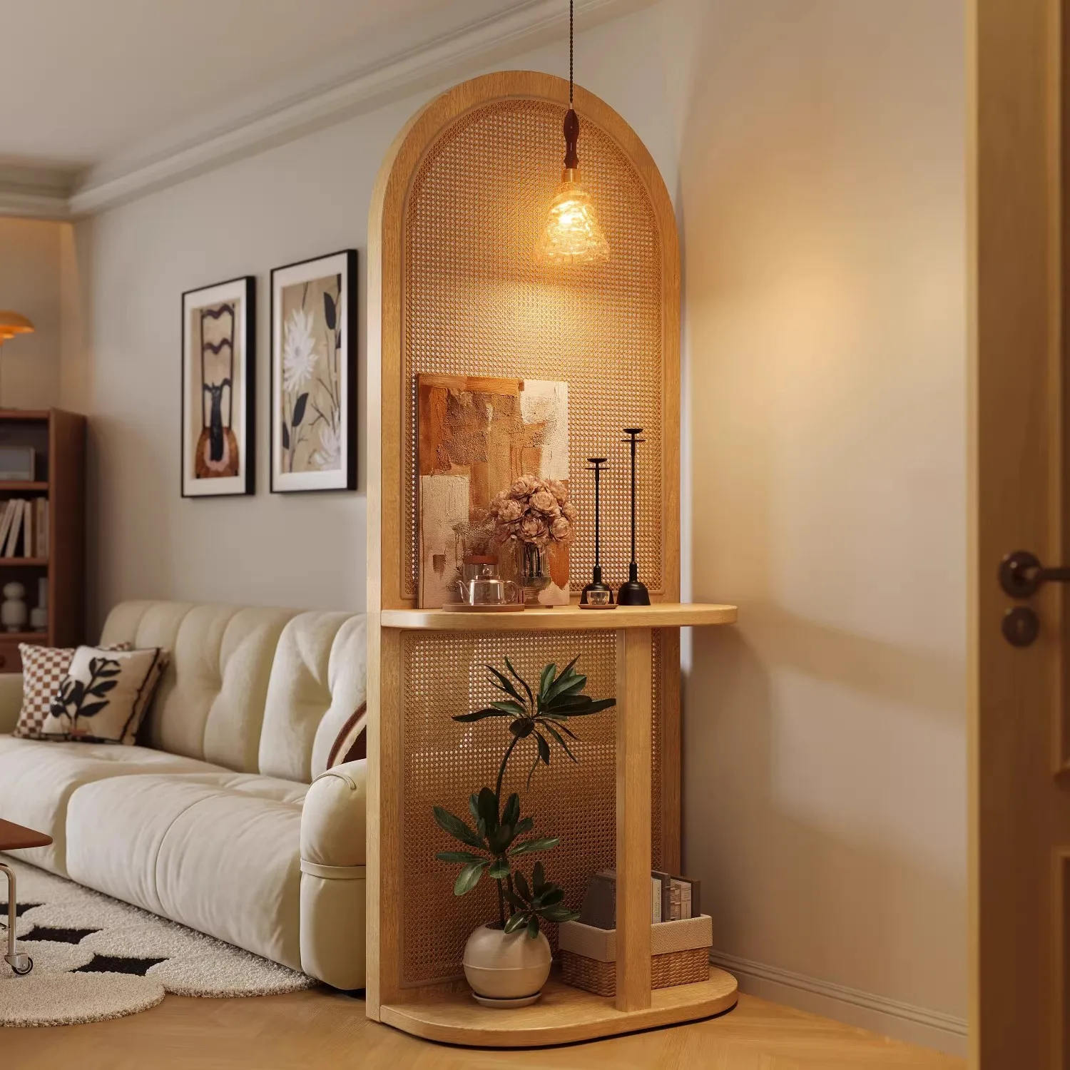 

Carefully selected cream log screen partition living room entrance facing the door Japanese style entrance solid wood seat