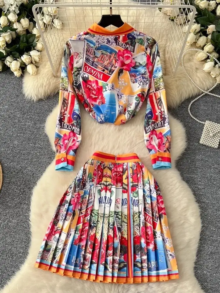 Elegant Short Dress Floral 2 Piece Sets Women 2025 Spring Summer Holiday Shirts A Line Pleated Skirts Suits Two Piece Outfit