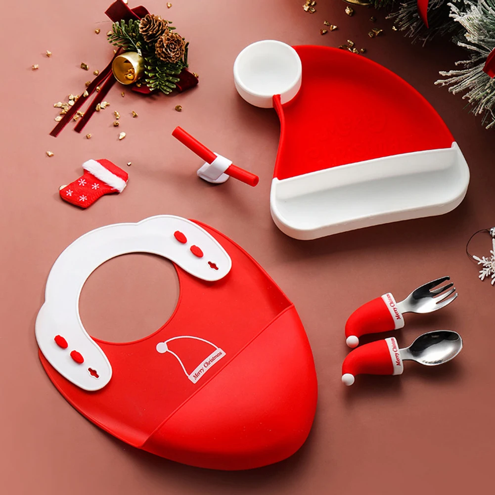 Cute Chirstmas Hat Theme Toddler Utensils Reusable Baby Feeding Dinnerware Kit Gift For Chirstmas