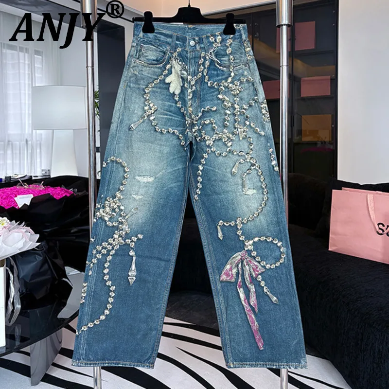 

ANJY 2026 Spring Autumn New Women Fashion High-End Nebula Chain 3D Printed Straight Jeans Streetwear Loose Slimming Pants A18702