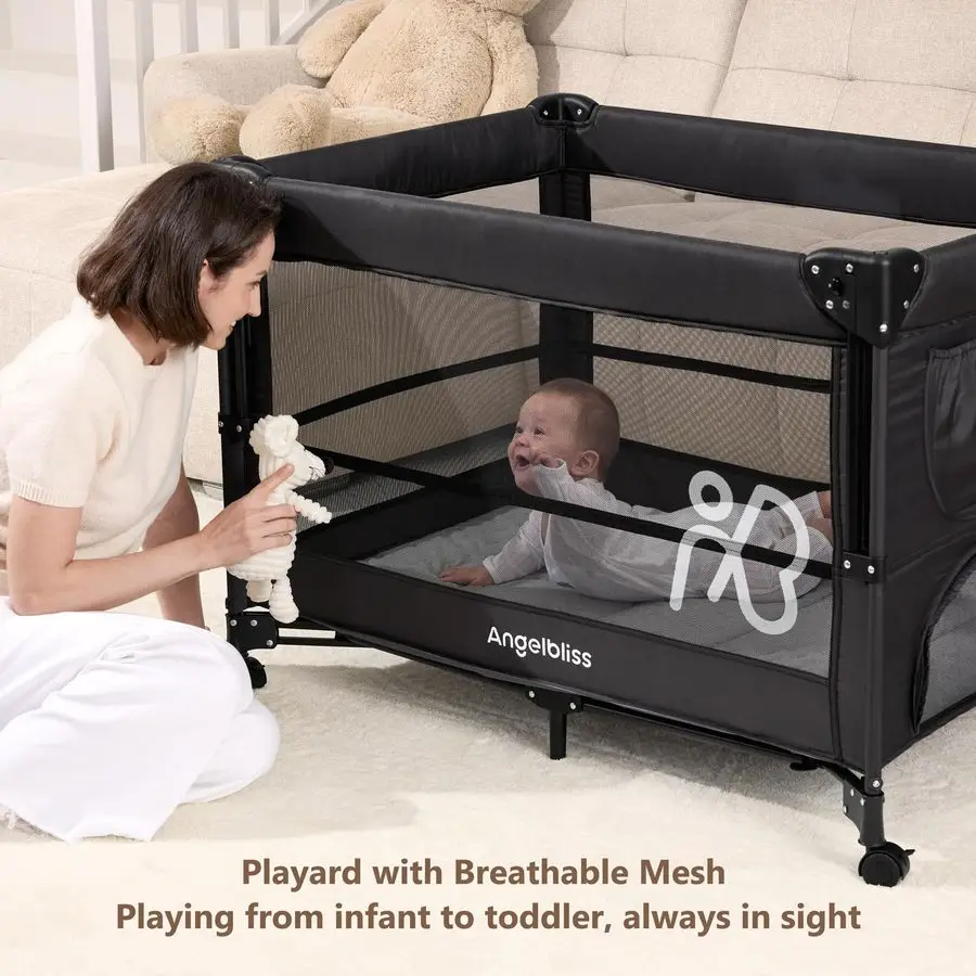 سرير أطفال بجانب السرير، حزمة ولعب مع مرتبة، مبدل الحفاضات، ألعاب إعداد OnePush من الرضع إلى الأطفال الصغار باللون الأسود