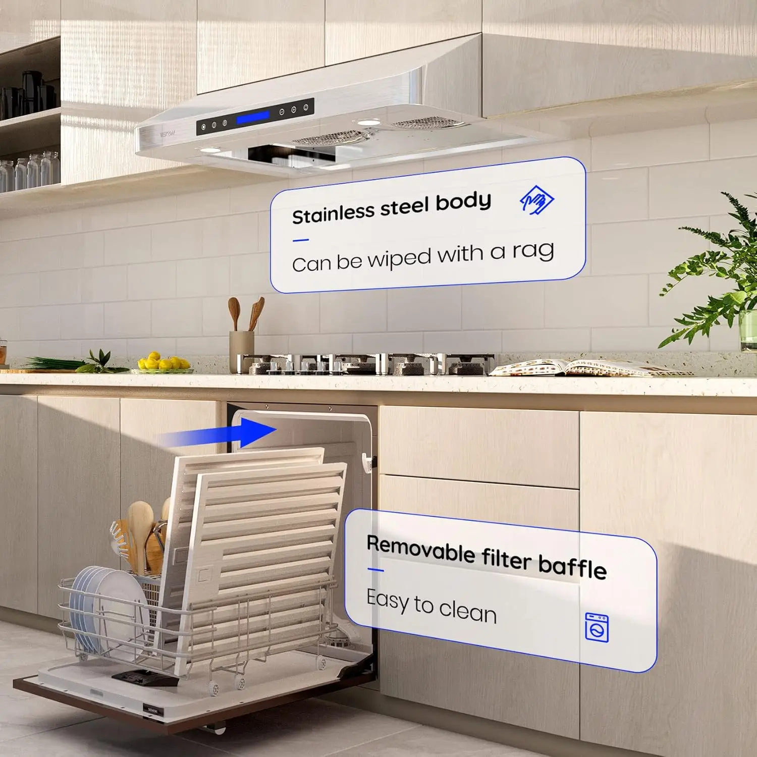 Cappa da cucina sotto l'armadio da 42 pollici, controllo touch screen a 4 velocità con telecomando 2 luci a LED Filtri lavabili in lavastoviglie Timer ventola