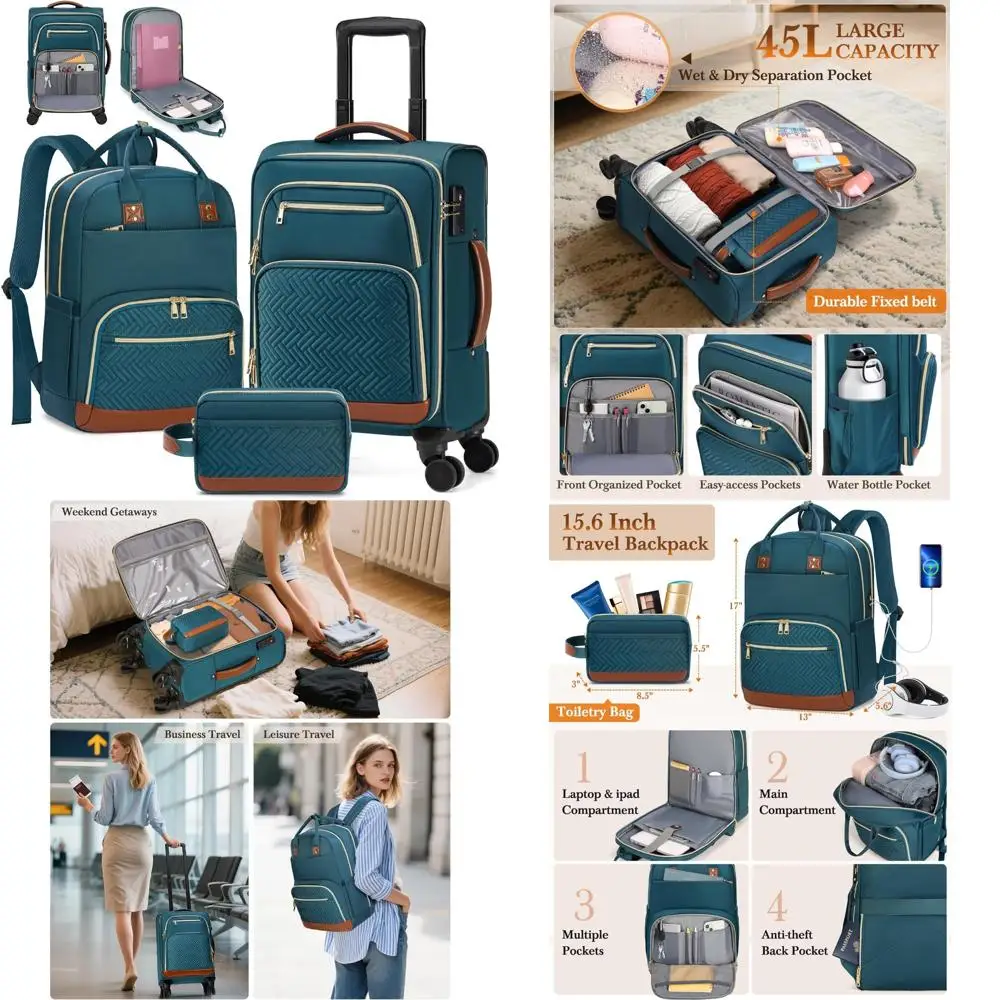 

20 Inch Softside Rolling Carry-On Luggage Set, Airline Approved, 3 Piece Suitcases with Wheels, Travel Essential