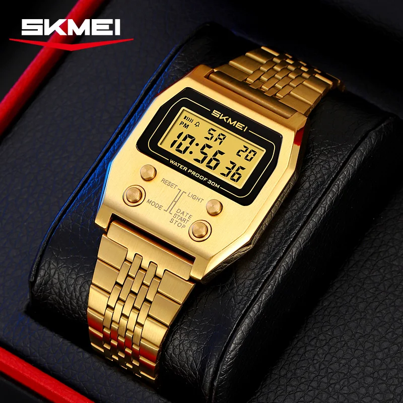 SKMEI 2460 ساعة رقمية مقاومة للماء للرجال الفولاذ المقاوم للصدأ الرياضة الفاخرة ريترو LED الإلكترونية ساعات المعصم الرجالية Reloj Hombre