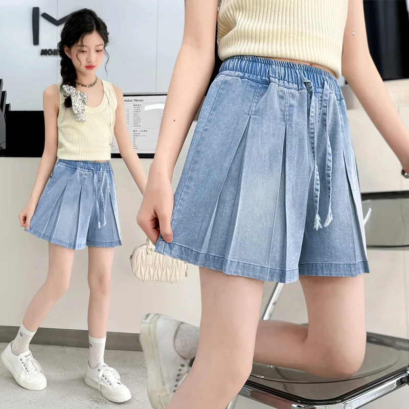 

Thin Style Kids Child High Waisted Pleated Denim Shorts for Girls 2025 Summer Clothes y2k Streetwear Drawstring Shorts Pants