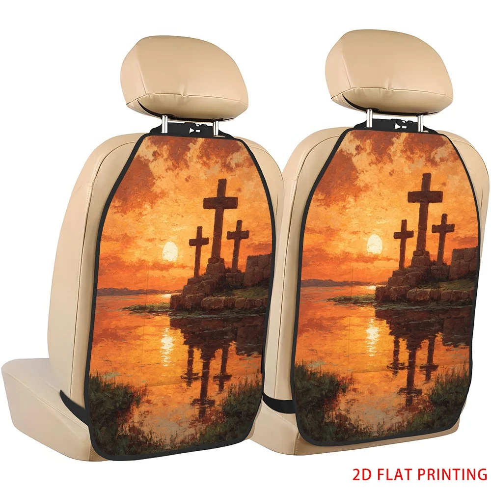 Set Of 2 Backseat Covers Featuring A Sunset Cross Silhouette Design For Added And Decoration