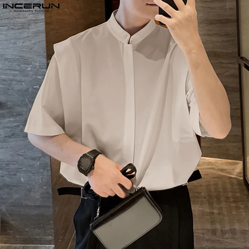 

Handsome Well Fitting Tops INCERUN New Mens Simple Stand Collar Solid Shirts Summer Casual Streetwear Short Sleeved Blouse S-5XL