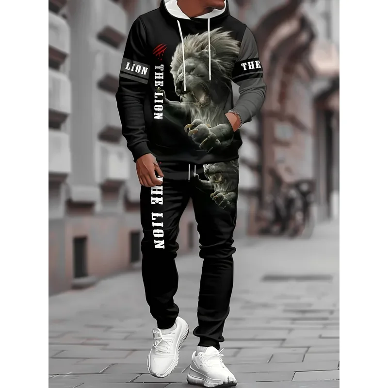 2026 Casual Sweater Sweatpants 2 Piece Set Trendy Lion Print Drawstring Outdoor Sportswear Tracksuit Women Men Fashion view 6