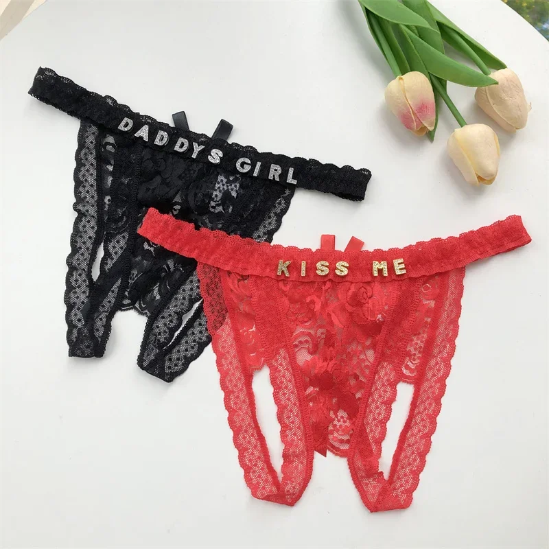 Customized Crystal Name Letters Women\'s Sexy Breathable Lace Underwear Low Waisted Opening Thong Bikini Erotic G-String Panties