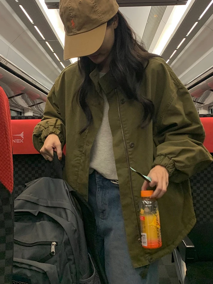 

Retro Briti Sle Loose Fit Mid-Length Long Sve f High Collar Women's Coat Casual Versatile Zipper Windbreaker Outerwear