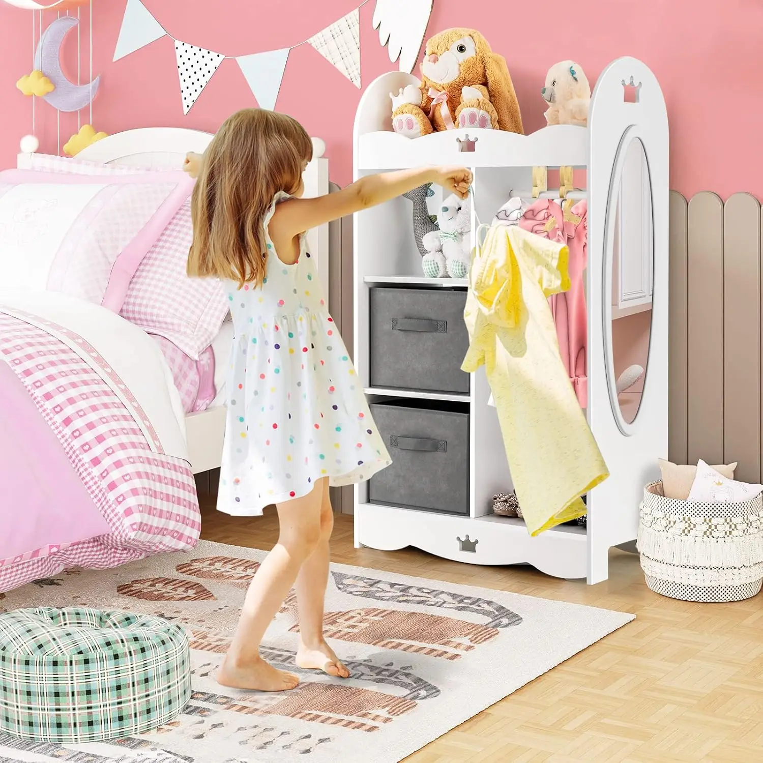 Kids Dress up Storage Wardrobe, Toddler Armoire Dresser Wardrobe W/Mirror & Cloth Hanger, Cute Crown Patterns, Pretend C