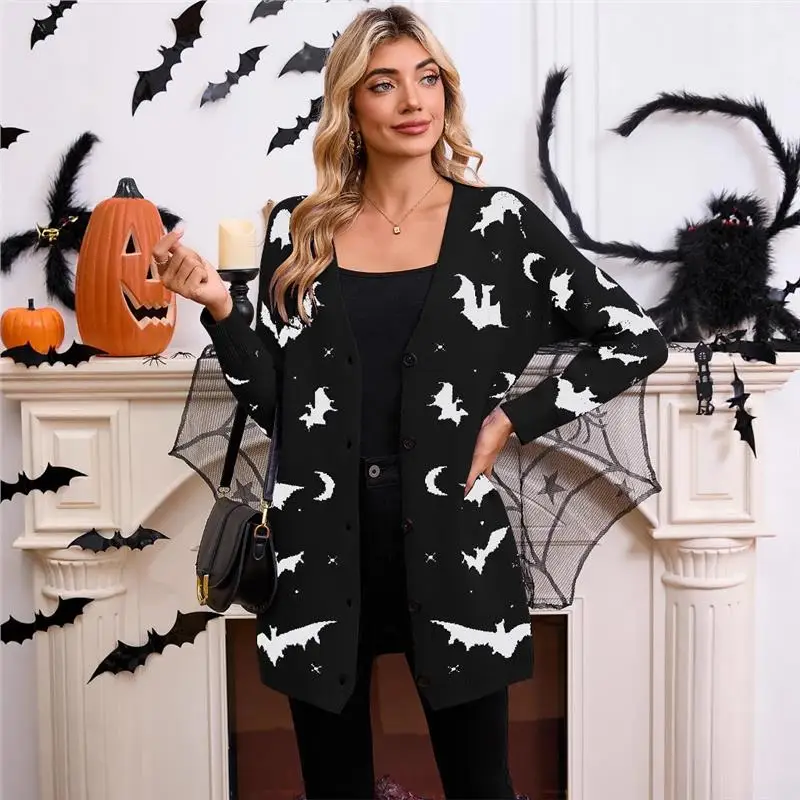 

Autumn Winter Women's Long Sve Sweater loween Bat Embroidery Open Cardigan Coat Faionable Commute Sle Medium Length