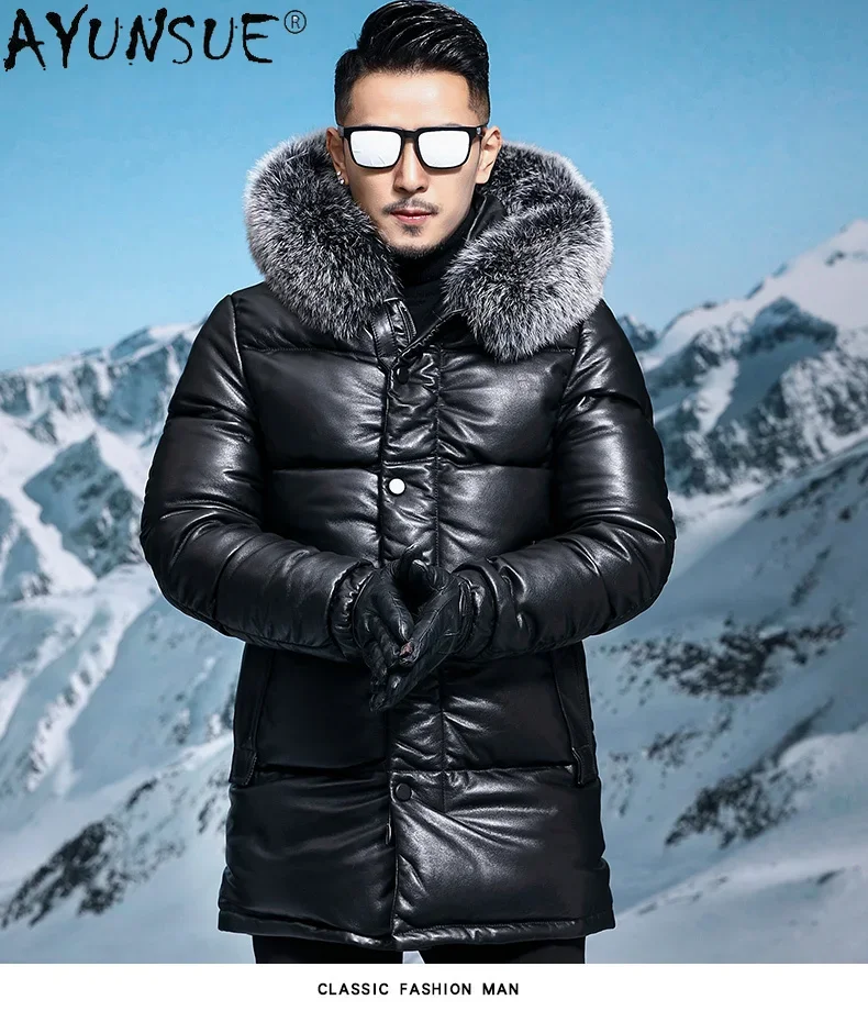 AYUNSUE Genuine Leather Down Jackets for Men 2023 Winter Genuine Cow Leather Jacket Hooded Fox Fur Collar Warm Parkas Jaqueta