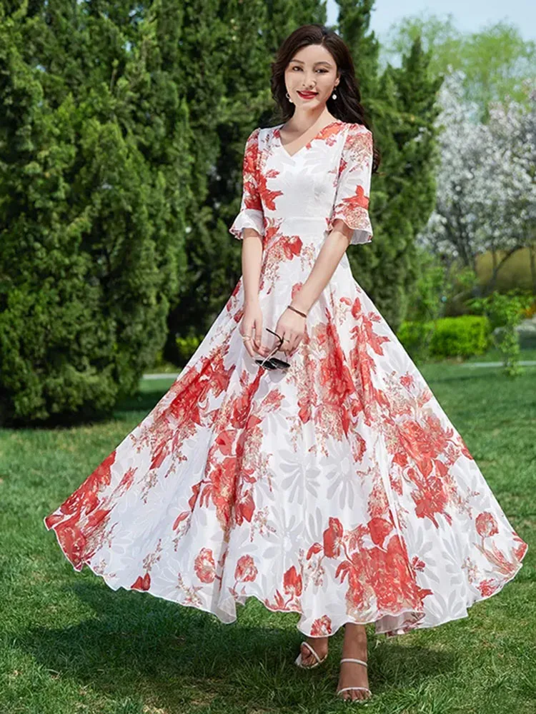 

Women's Dresses Swing Long Dress Chiffon Floral Short Sleeve Ruffle V Neck Fashion Waist Flowy Dresses