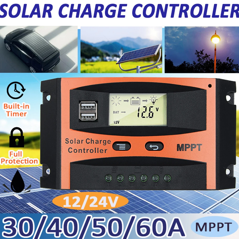 

60A Solar Charge Controller 12V Panel Regulator MPPT Generator Dual USB Output LCD Screen Protection Automatic Recognition