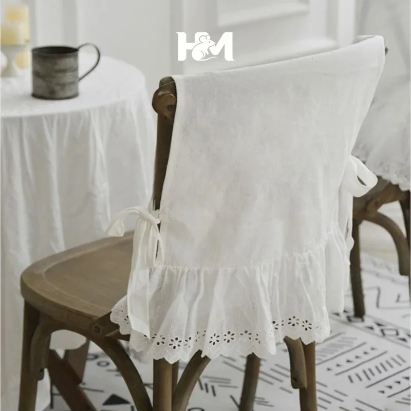 High-End White Pure Cotton Chair Cover Simple Modern Embroidery Hollow out Design for Home Use Wood Chairs Barest