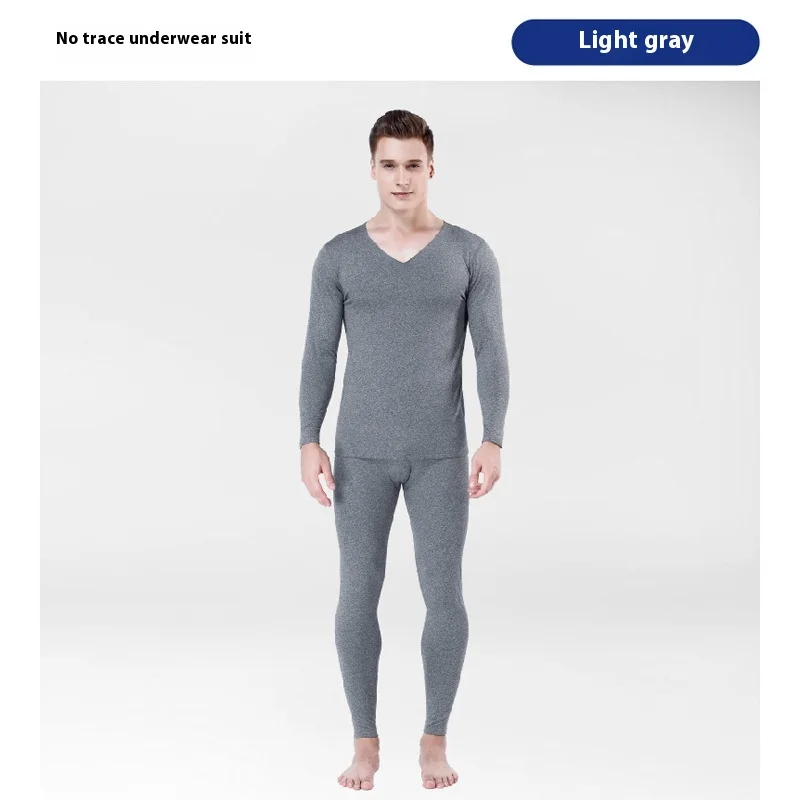 Large Size Men Non-marking Padded Thermal Underwear Set Bottoming Autumn Clothes and Trousers Light Warm Solid Colour Long Secti