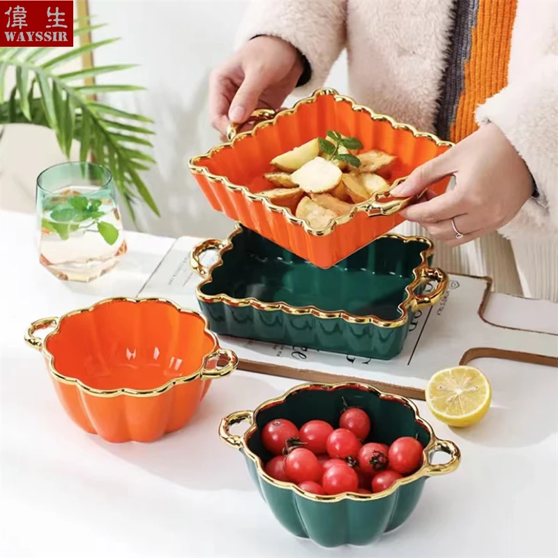 

Rectangle Flower Edge Ceramic Plate, Green Color, Gold Decals, Dessert Fruit Bread Dish, Salad Handle Plate, High Quality