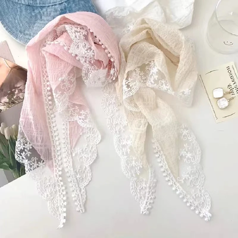 French Lace Triangle Scarf Summer Sweet Girls Silk Scarf Vintage Scarf For Muslim Women Chiffon Hijab Hair Accessories For Women