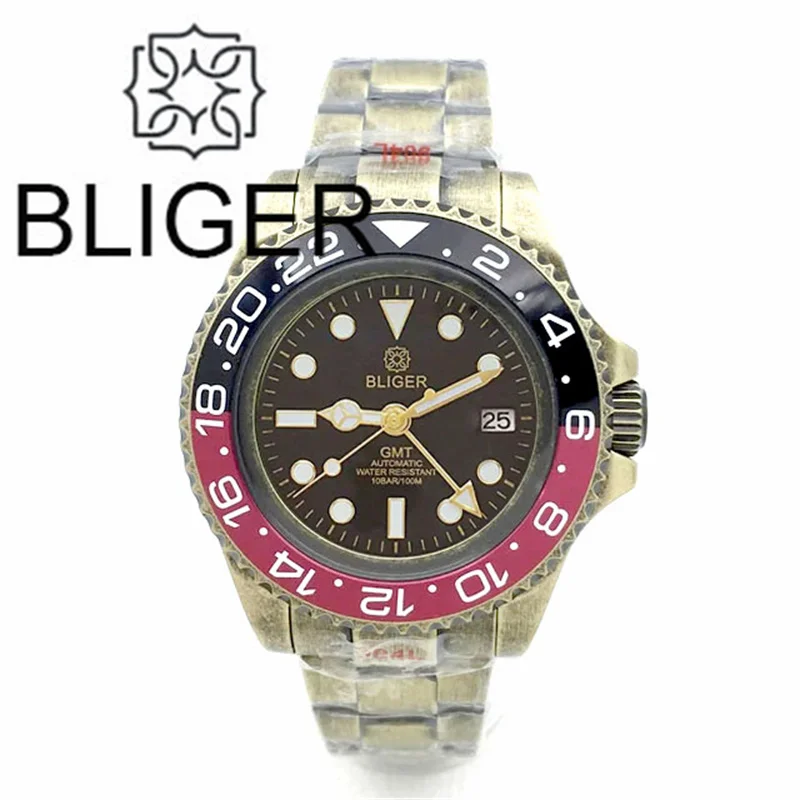 BLIGER 43mm Bronze Coating  Steel Watches For Men NH34 Waterproof Ceramica Bezel Sapphire Glass Black Dial Gold Indices Gold GMT