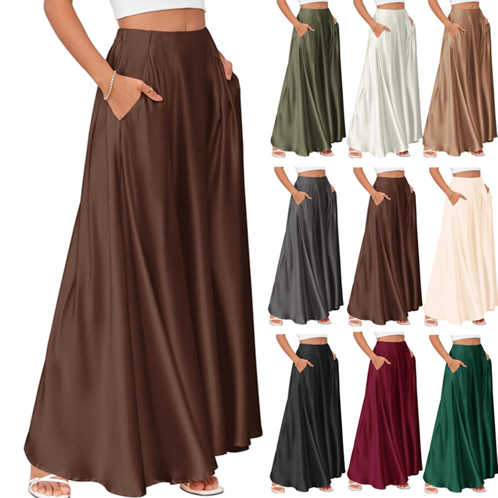 Einfarbiges Damenkleid, elegantes Satin, A-Linie, schlankmachender Midirock, lässiges Modekleid, Retro-Kleid, Urlaubskleid für Damen