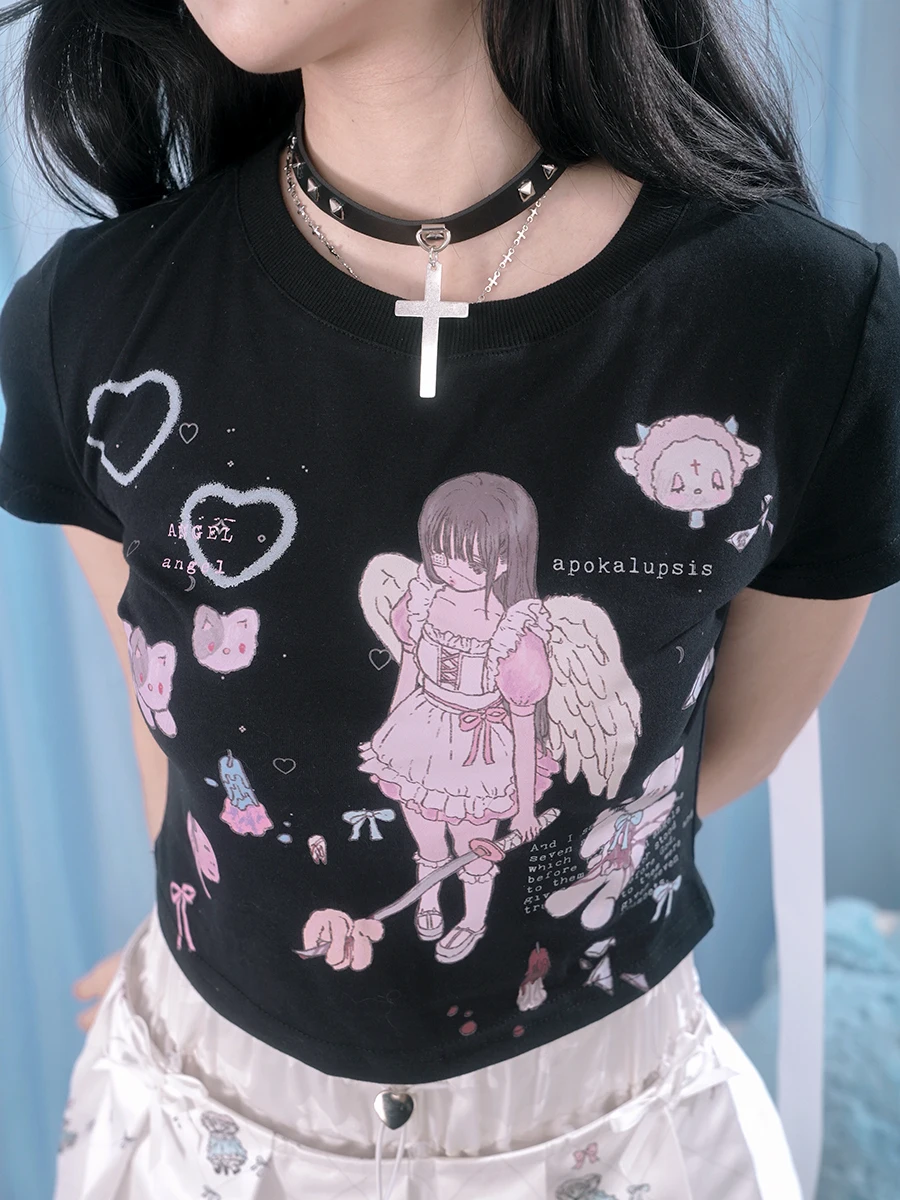 Daytoday Original Sweet Girls Angel Print Anime Short Sleeve Slim Tshirt Hot Girl Sexy Kawaii Short Crop Top Tees