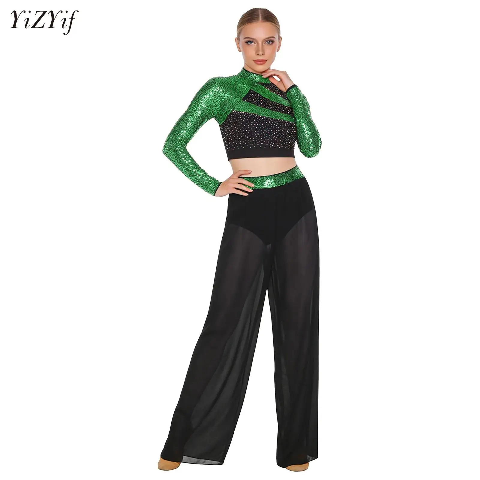 

Modern Dance Crop Top Chiffon Wide Leg Pants 2 Piece Lyrical Outfit Contemporary Clothes for Women Ballet Jazz Latin Performance