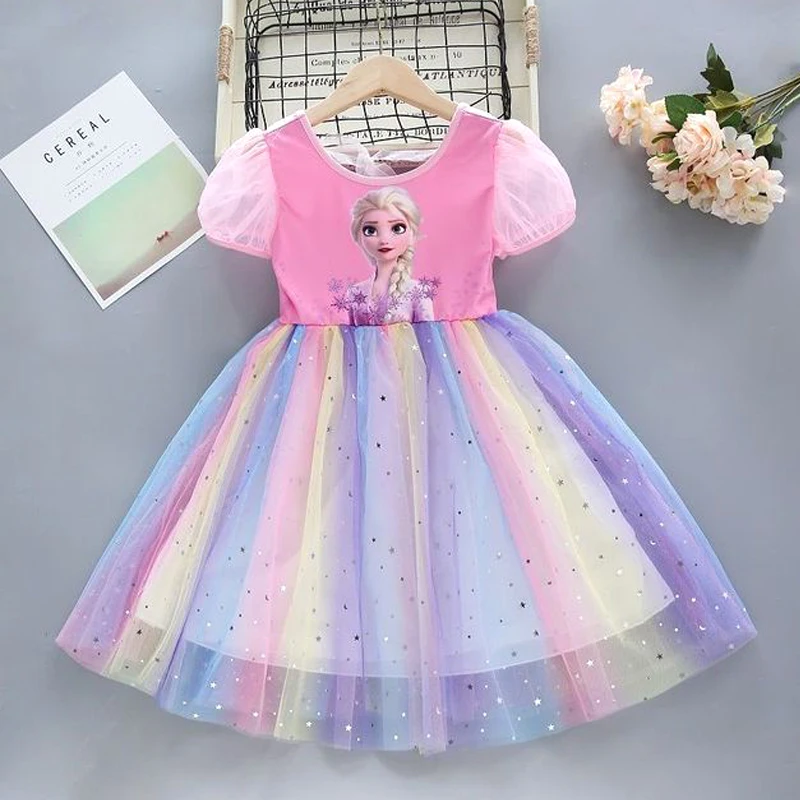 Summer Kids Clothes Pretty Korean Little Girls Dresses Frozen Elsa Anna Princess Party Costume Vestidos Bow Tie Outfits Clothing