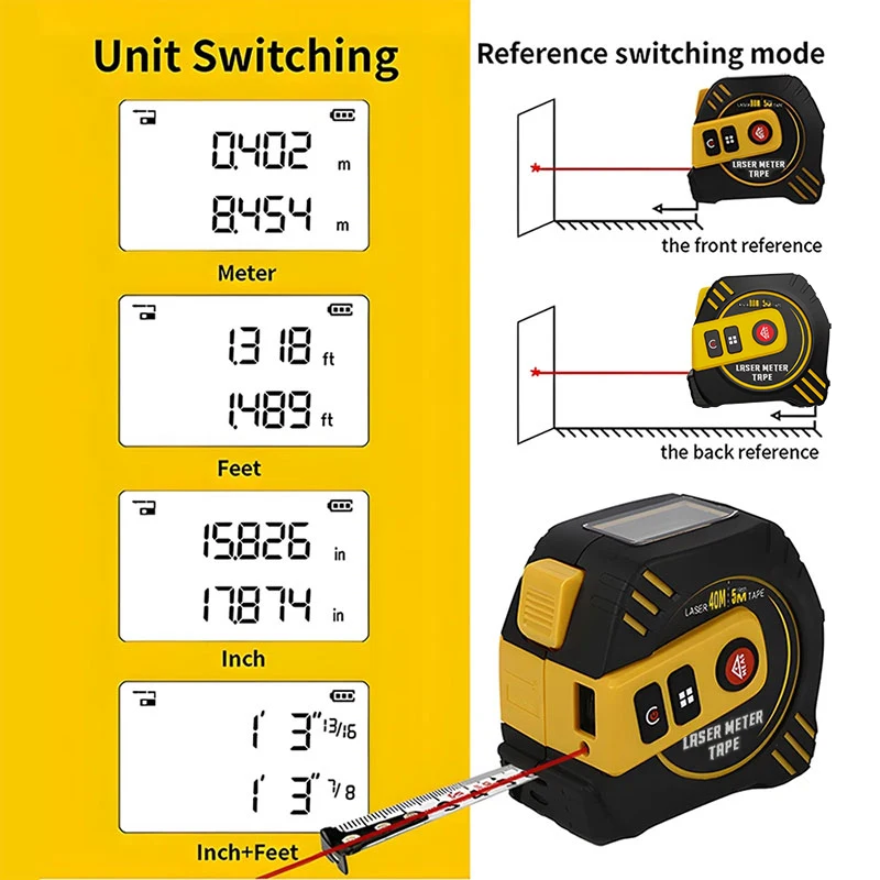 1PC USB charging 2-in-1 laser rangefinder, 131ft/262ft, with 16ft tape measure, LCD display, multiple measurement modes and unit