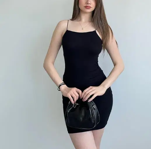 

Summer New Solid Color Round Neck Sleeveless Tight Bag Hip Dress for Women, Sexy Pure Desire Party, Date Strap Dress