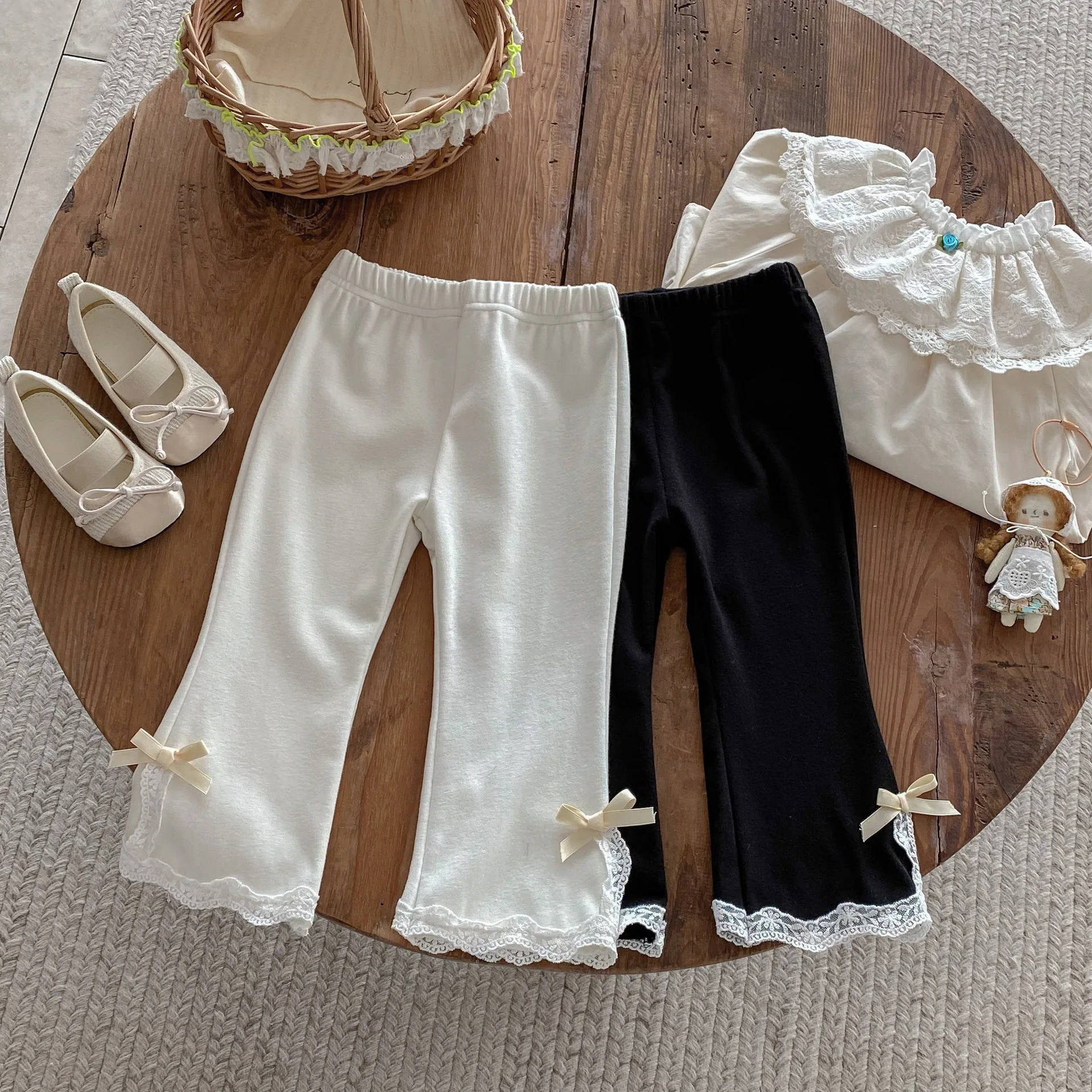 2025 Autumn Korean Style Girls Flare Pants with Bow & Lace Trim Stretchy Bell Bottom Trousers for Toddler 1-8 Years Sweet Casual