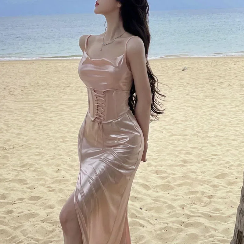 Xpqbb-ピンクのサテンのスパゲッティドレス,スパゲッティストラップ,セクシー,スリム,裸の肩,サイドスリット,マキシ,シックなイブニングドレス