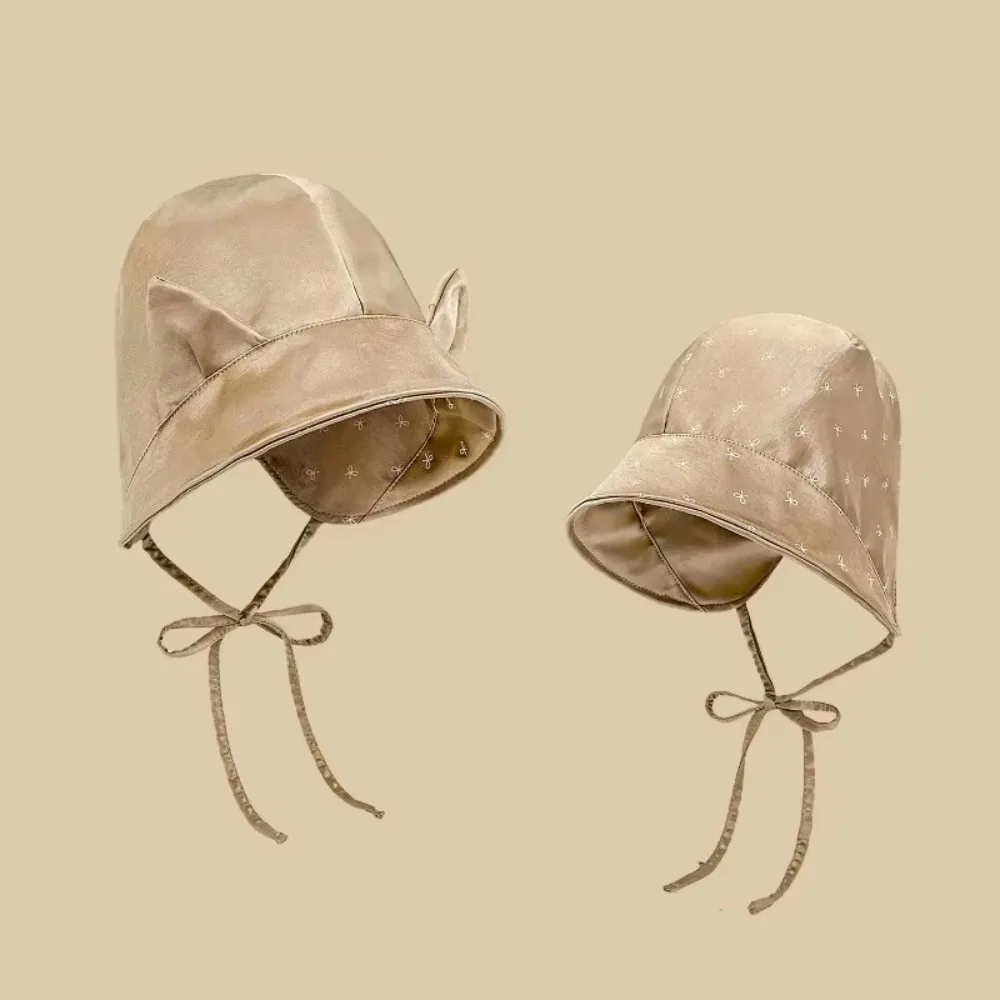 Wielofunkcyjny kapelusz typu bucket hat w koreańskim stylu z kocimi uszami, dwustronny, z kokardą Y2K, uroczy kapelusz przeciwsłoneczny z paskiem, kapelusz rybacki z jedwabnej satyny dla dziewczyn