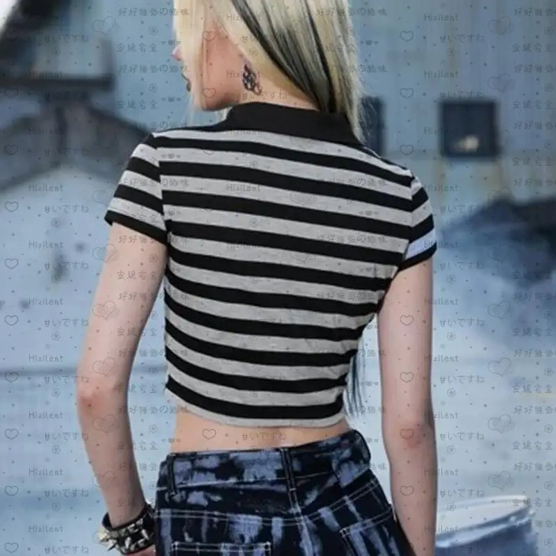 2025 européenne et américaine nouvelle Y2K fille épicée crâne imprimer t-shirt polo slim fit rayé crop top chemise à manches courtes