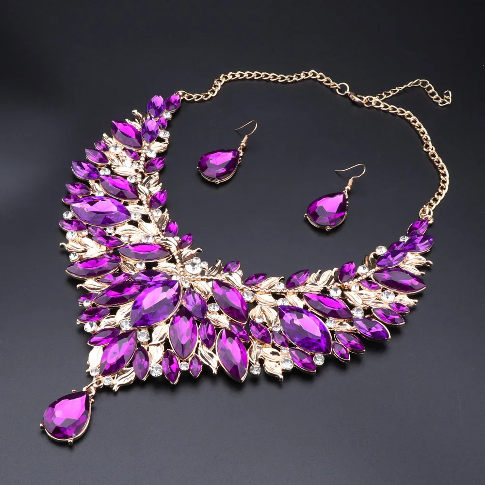 Purple Crystal Necklace Earrings Indian Luxury Bridal Jewelry Set Wedding Party Prom Costume Jewellery Christmas Gift for Women