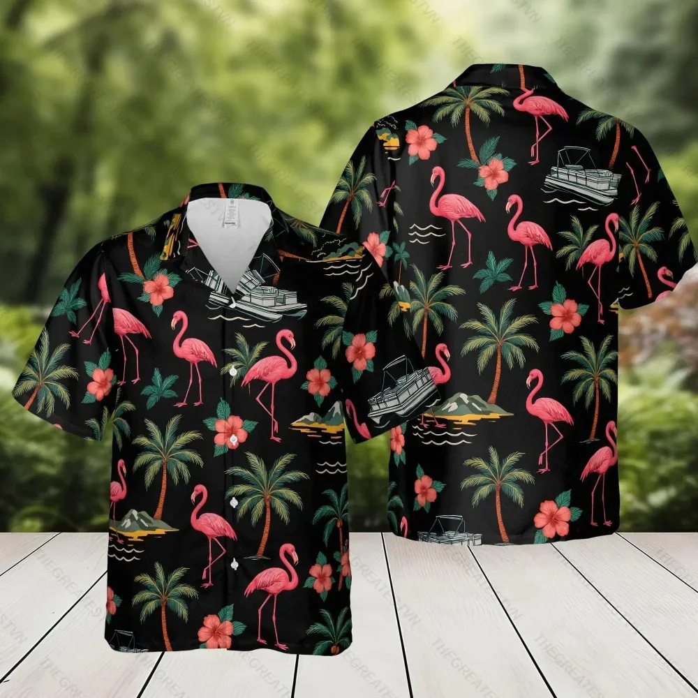 

Гавайские рубашки с 3D-принтом фламинго, мужские винтажные рубашки для отпуска, уличные рубашки с коротким рукавом, мужская блузка с пуговицами и отложным воротником